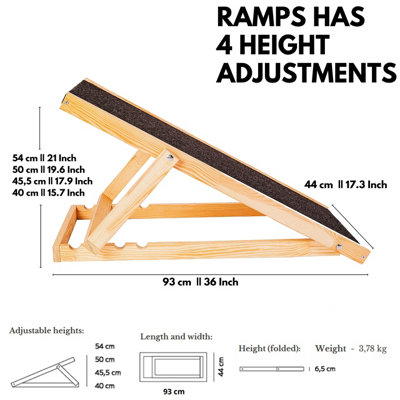 Foldable Natural Wood Pet Ramp - Indoor Dog Ramp, Adjustable Heights, Ideal for Large and Small Dogs to Reach Beds - Grey.