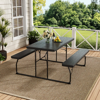 Foldable Picnic Table Bench Set Portable Camping Trestle Table Chairs 4 Seater Black