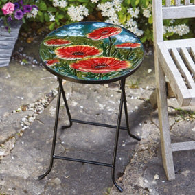 Foldable Poppy Design Garden Bistro Table with Hand Painted Glass Top, Steel Frame & Non-Slip Feet - H50 x 35cm Diameter