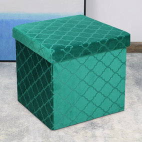 Foldable Velvet Lattice Trellis Storage Box Ottoman Cube 38cmX38cm for Bedroom, Living Room, Hallway - Emerald Green