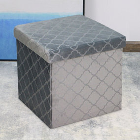 Foldable Velvet Lattice Trellis Storage Box Ottoman Cube 38cmX38cm for Bedroom, Living Room, Hallway - Grey