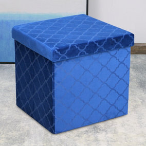 Foldable Velvet Lattice Trellis Storage Box Ottoman Cube 38cmX38cm for Bedroom, Living Room, Hallway - Navy