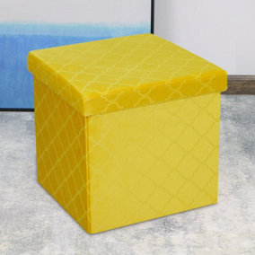 Foldable Velvet Lattice Trellis Storage Box Ottoman Cube 38cmX38cm for Bedroom, Living Room, Hallway - Ochre Yellow