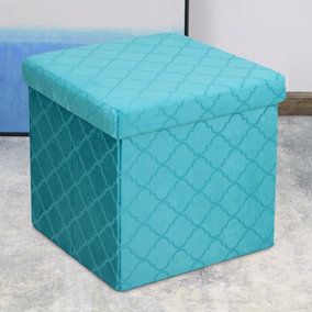 Foldable Velvet Lattice Trellis Storage Box Ottoman Cube 38cmX38cm for Bedroom, Living Room, Hallway - Teal