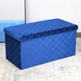 Foldable Velvet Lattice Trellis Storage Box Ottoman Cube 76cmX38cm for Bedroom, Living Room, Hallway - Navy