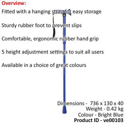 Foldable Walking Stick with Ergonomic Rubber Handle - 5 Height Settings - Blue