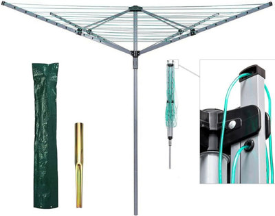 Folding 4 Arm Rotary Airer, Heavy Duty Garden Washing Line Clothes Airer Dryer, 50m with Cover, Metal Ground Spike Included