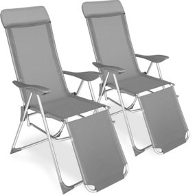 Folding aluminium garden chairs w/ headrest and footrest (set of 2) - grey