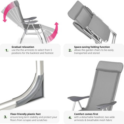Folding aluminium garden chairs w/ headrest and footrest (set of 2) - grey