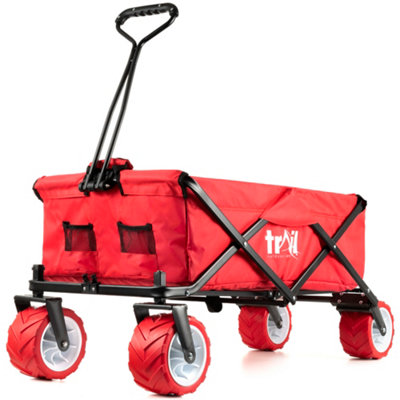 Folding Beach Trolley Camping Cart All Terrain Wheels Festival Garden 60kg Trail - Red