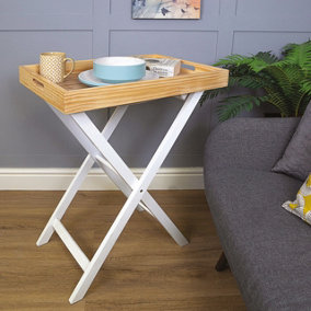 Folding Butlers Tray & Stand - Stylish Wooden Side Table with Detachable Top for Serving Food or Drinks - H77 x W60 x D40cm, White
