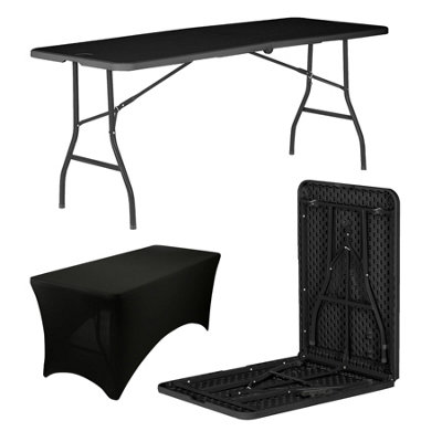 Folding Camping Picnic Table with Fitted Tablecloth - 180cm (6ft) - Black/Black - Portable Plastic Outdoor Party Display