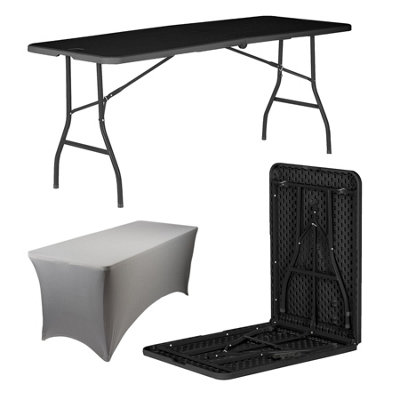 Folding Camping Picnic Table with Fitted Tablecloth - 180cm (6ft) - Black/Grey - Portable Plastic Outdoor Party Display