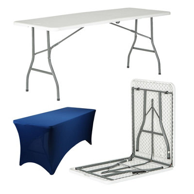 Folding Camping Picnic Table with Fitted Tablecloth - 180cm (6ft) - White/Blue - Portable Plastic Outdoor Party Display