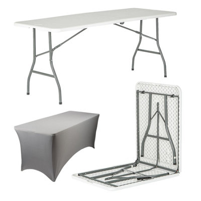 Folding Camping Picnic Table with Fitted Tablecloth - 180cm (6ft) - White/Grey - Portable Plastic Outdoor Party Display
