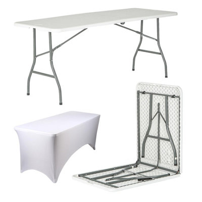 Folding Camping Picnic Table with Fitted Tablecloth - 180cm (6ft) - White/White - Portable Plastic Outdoor Party Display