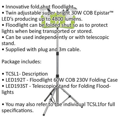 Folding Case Floodlight & Tripod Stand - 60W COB LED - IP44 Rated - 4800 Lumens