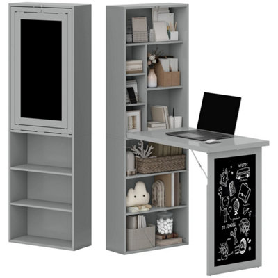 パソコンデスク post general FOLDING MIL WORKTABLE gray Folding Convertible Desk with Blackboard and Bookshelf, Grey