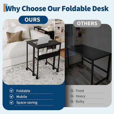 Folding Desk with Shelf, Mobile Computer Desk, Compact Space-Saving Table, for Living Room