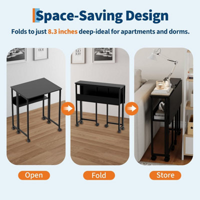 Folding Desk with Shelf, Mobile Computer Desk, Compact Space-Saving Table, for Living Room