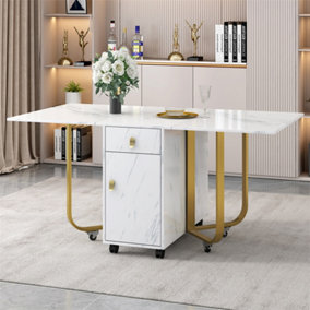 Folding Dining Table with Cupboard and 2 Drawers,  Space-saving Dining Table with 4 Supporting Legs on Gliders, White/Gold