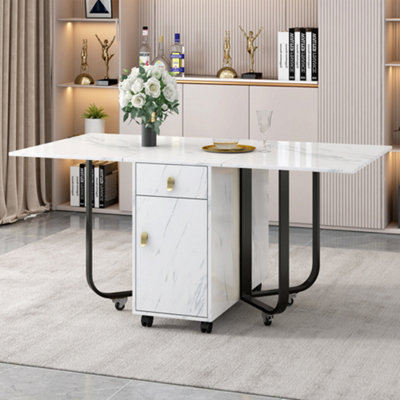 Folding Dining Table with Cupboard and 2 Drawers, Space-Saving Kitchen Table with 4 Legs on Gliders (White/Black)