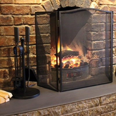 Folding Fire Screen 3 Panel Foldable Large Black Fire Protector Spark Guard Steel Mesh Protection