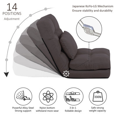 Folding Floor Sofa Chair 14 Angles Adjustable Chair Bed Lazy Floor Chaise Lounge Sofa Seat with Pillow FULLY ASSEMBLY (Brown)