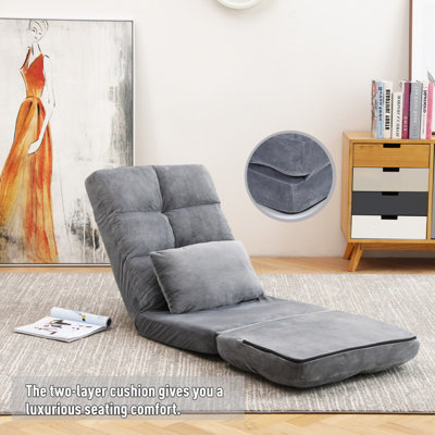 Folding Floor Sofa Chair 14 Angles Adjustable Chair Bed Lazy Floor Chaise Lounge Sofa Seat with Pillow FULLY ASSEMBLY (Gray)