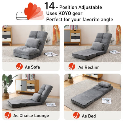 Folding Floor Sofa Chair 14 Angles Adjustable Chair Bed Lazy Floor Chaise Lounge Sofa Seat with Pillow FULLY ASSEMBLY (Gray)