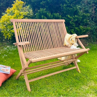 Folding Garden Bench with Arms Wooden - Solid Teak Wood - 2 Seater Garden Bench - 100cm