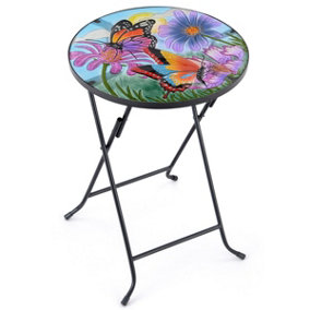 Folding Glass Table Garden Outdoor Patio Decoration Painted Round Top Christow Butterfly