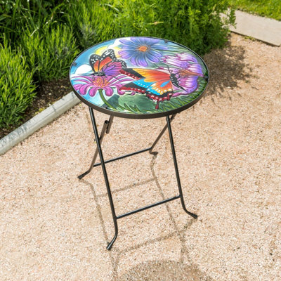 Folding Glass Table Garden Outdoor Patio Decoration Painted
