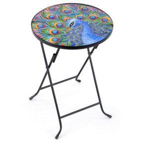 Folding Glass Table Garden Outdoor Patio Decoration Painted Round Top Christow Peacock