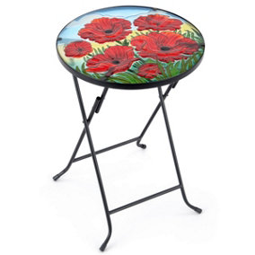 Folding Glass Table Garden Outdoor Patio Decoration Painted Round Top Christow Poppy
