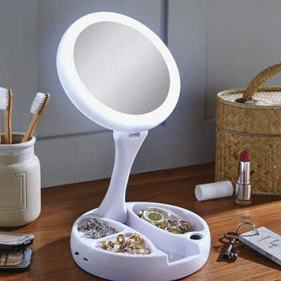 Folding Illuminated Travel Mirror - Cordless LED Light up Vanity Mirror with Standard & 10x Magnification & Jewellery Storage
