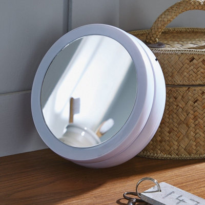 Folding Illuminated Travel Mirror - Cordless LED Light up Vanity Mirror with Standard & 10x Magnification & Jewellery Storage