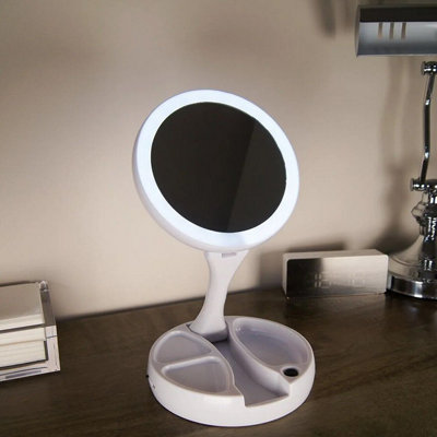 Folding Illuminated Travel Mirror - Cordless LED Light up Vanity Mirror with Standard & 10x Magnification & Jewellery Storage