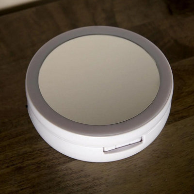 Folding Illuminated Travel Mirror - Cordless LED Light up Vanity Mirror with Standard & 10x Magnification & Jewellery Storage