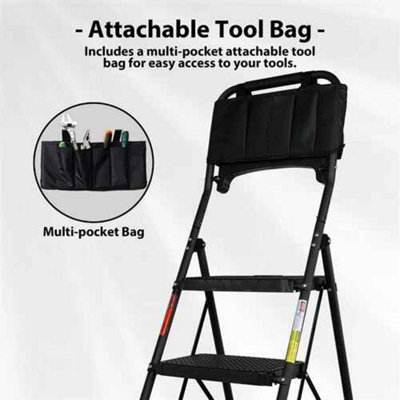 Folding Ladder 5 steps with Tool Bag and Tray, Step Stool, Black