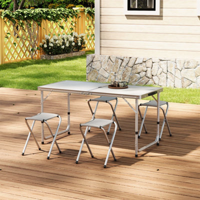 Folding Portable Lightweight Aluminum 4 Seater Garden Camping Dining Set Picnic Table and 4 Stools Set
