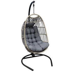 Folding Rattan Hanging Egg Chair with Grey Cushion