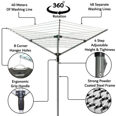 Folding Rotary Airer Washing Clothes Line With 4 Arms 40M Washing Line Coverage