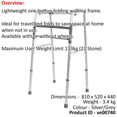 Folding Walking Frame - Lightweight Aluminium - 810 to 1000mm Adjustable Height