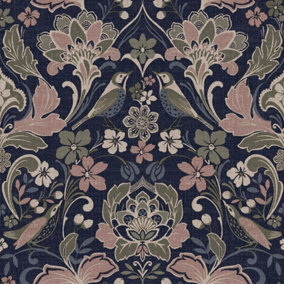 Folk Floral Patterned Textured Vintage Wallpaper Navy Blue / Pink / Olive World of Wallpaper 946104