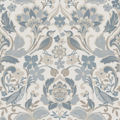 Folk Floral Patterned Textured Vintage Wallpaper Soft Blue World of Wallpaper 946103