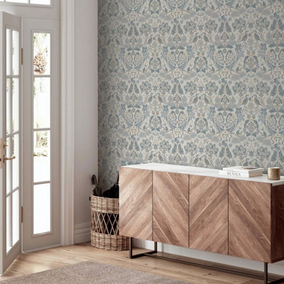 Folk Floral Patterned Textured Vintage Wallpaper Soft Blue World of Wallpaper 946103