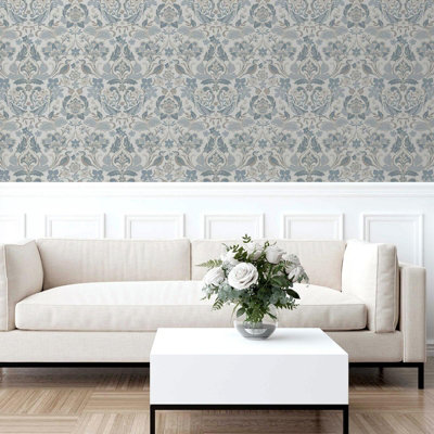 Folk Floral Patterned Textured Vintage Wallpaper Soft Blue World of Wallpaper 946103