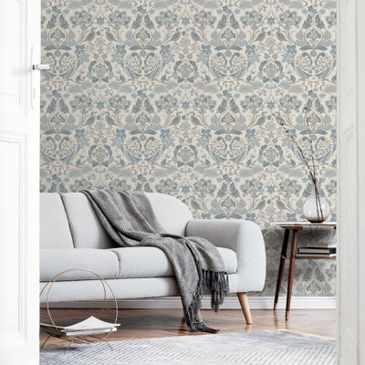 Folk Floral Patterned Textured Vintage Wallpaper Soft Blue World of Wallpaper 946103