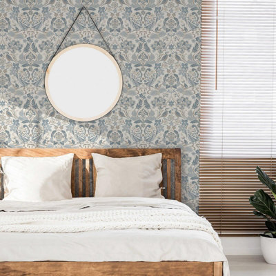 Folk Floral Patterned Textured Vintage Wallpaper Soft Blue World of Wallpaper 946103
